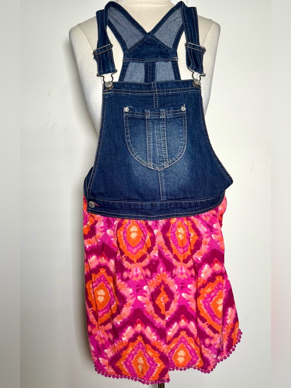 Jordache Girls XL Denim Overall Dress Pink Orange Ikat Tie Dye Cute Feminine